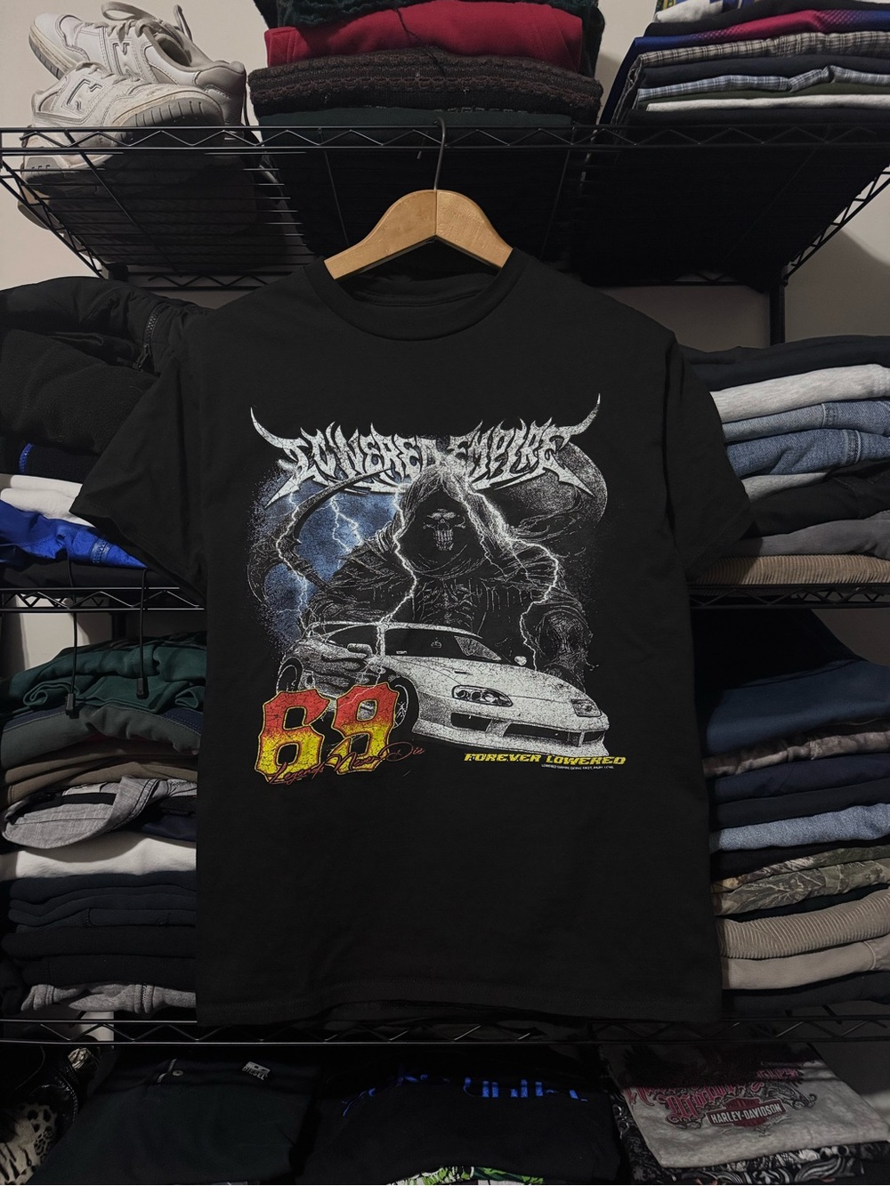 Black Graphic Short-Sleeve Tee with Racing Grim Reaper Design by